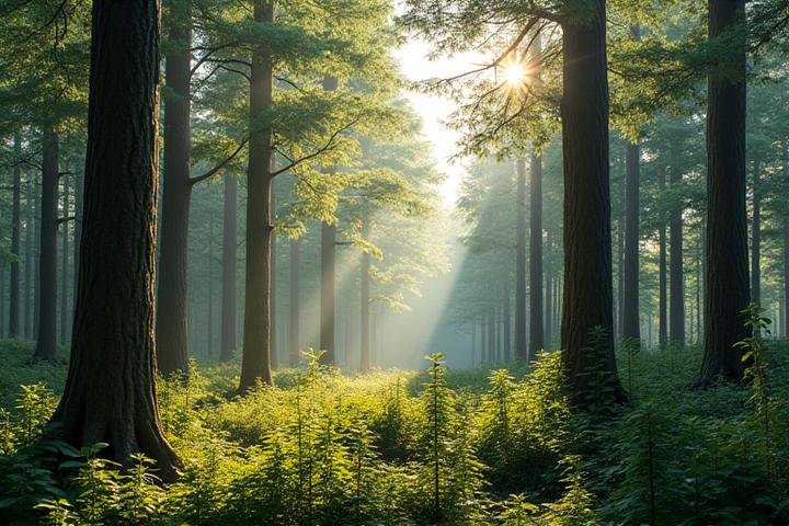 Lush, healthy forest with an FSC certification logo overlay, signifying responsible forestry practices.